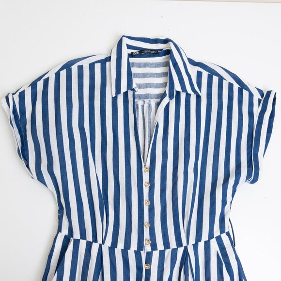 ✨ ZARA Striped Linen Blend Midi Shirt Dress White Blue Button Front - Picture 4 of 13